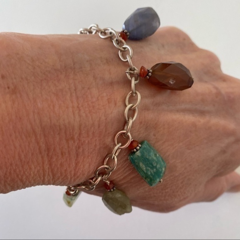 Artisan 925 Silver Rolo Link Chain Gemstone Carnelian Charm Bracelet NEW